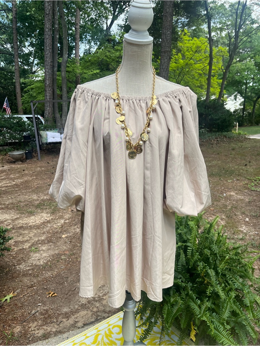 Glam NWT Women’s Off-Shoulder Shimmer Peasant Top or Mini Dress with Pockets, L